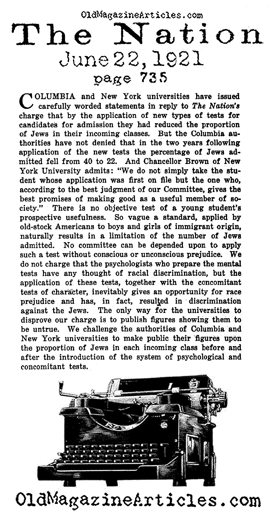 Columbia University and  NYU Charged with Antisemitism (The Nation, 1921)